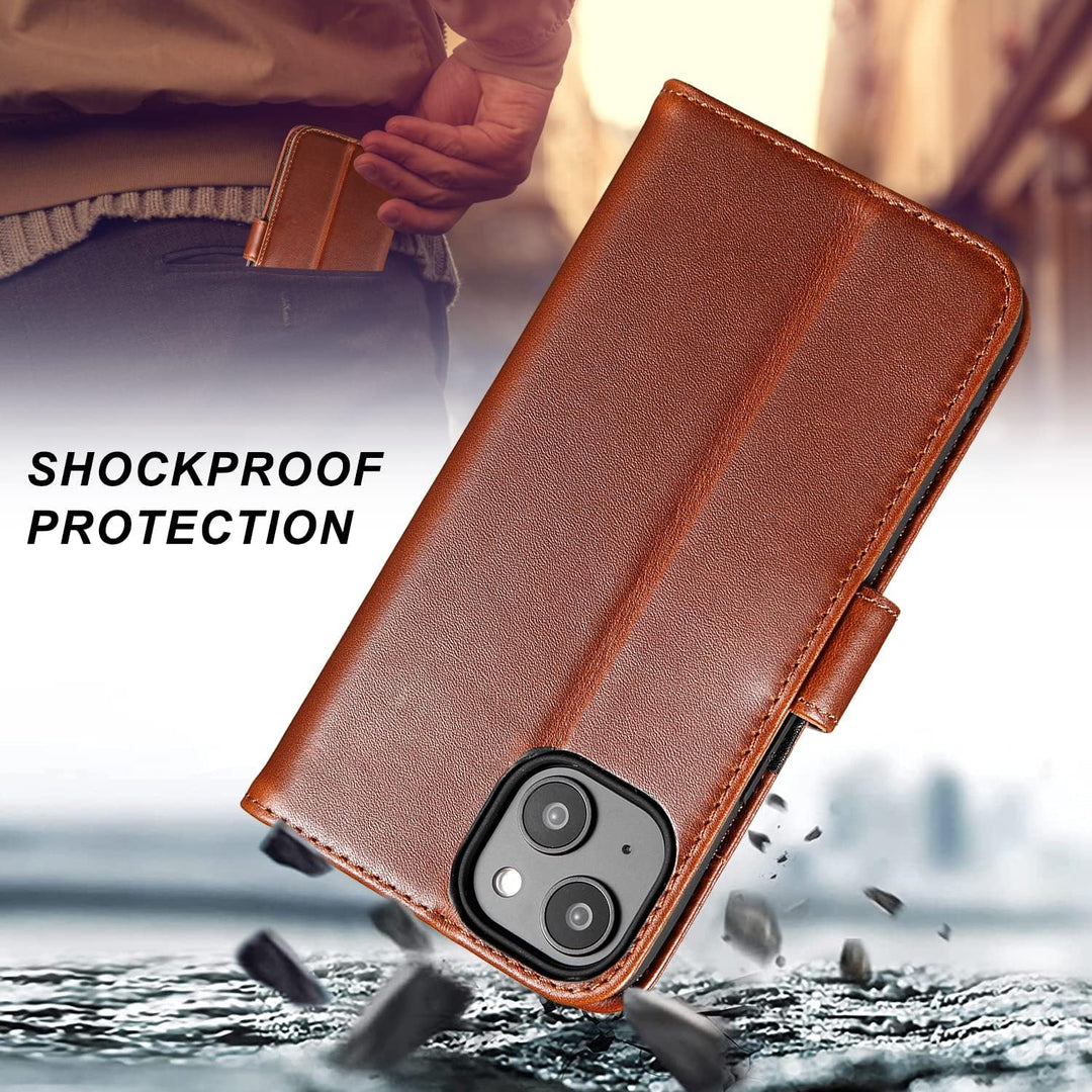 LENSUN Echtleder Hülle für iPhone 14, Leder Handyhülle [Kartenfach][Magnetverschluss][RFID Schutz] H