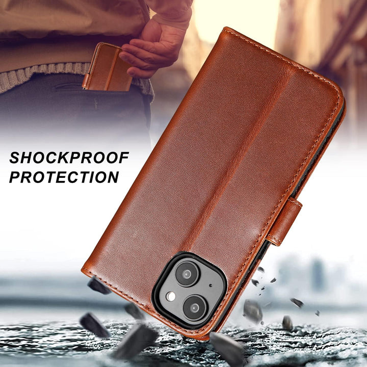 LENSUN Echtleder Hülle für iPhone 14, Leder Handyhülle [Kartenfach][Magnetverschluss][RFID Schutz] H