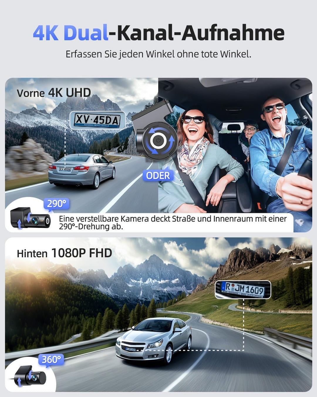 4K Dashcam Auto Vorne Hinten mit GPS 5GHz WiFi, Dual Dashcam 1,5″ IPS Display, Auto Kamera mit 64GB