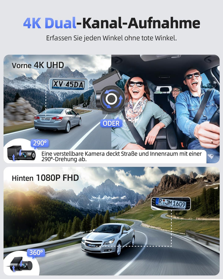 4K Dashcam Auto Vorne Hinten mit GPS 5GHz WiFi, Dual Dashcam 1,5″ IPS Display, Auto Kamera mit 64GB