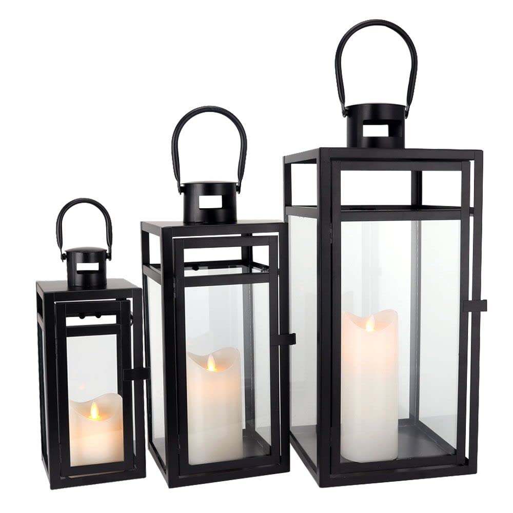 TRIROCKS Set aus 3 Edelstahl Kerzenlaterne 48cm Hoher Metallkerzenhalter mit klaren Glasscheiben Per