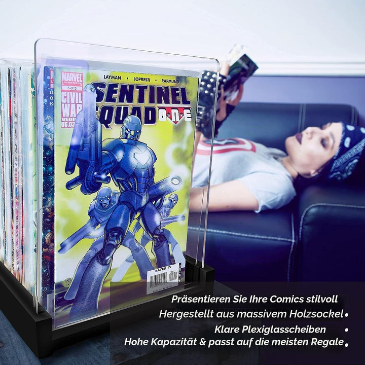 Comicbuch-Aufbewahrungshalter, Vitrine für Sammler – zum Patent angemeldete Comicbox aus Holz und Ac