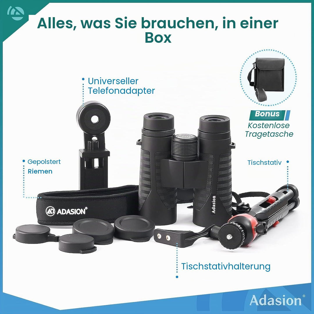 Adasion 12x42 HD Fernglas für Erwachsene mit Smartphone-Adapter und Teleskopstativ, Kompakt Fernglas