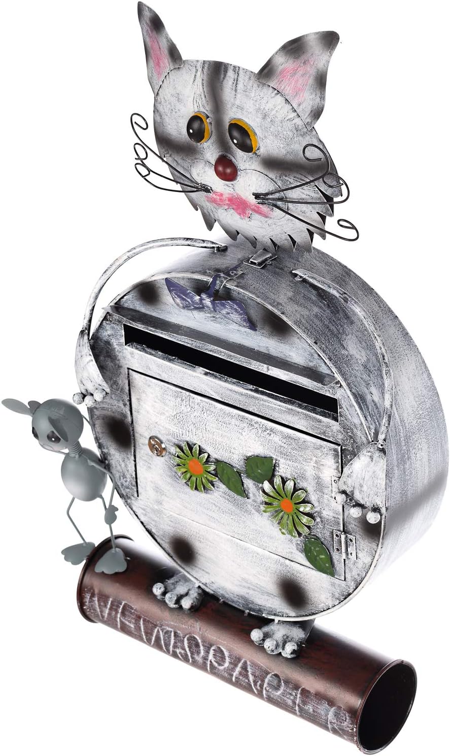 Briefkasten Katze 12A478-2 Handbemalt Metall Zeitungsrohr Wandbriefkasten 74cm Briefkasten-katze-sw,