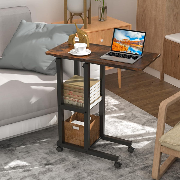 PIPIPOXER Beistelltisch mit Rollen, 60cm x 30 cm Sofatisch mit Rollen, Laptoptisch Höhenverstellbar