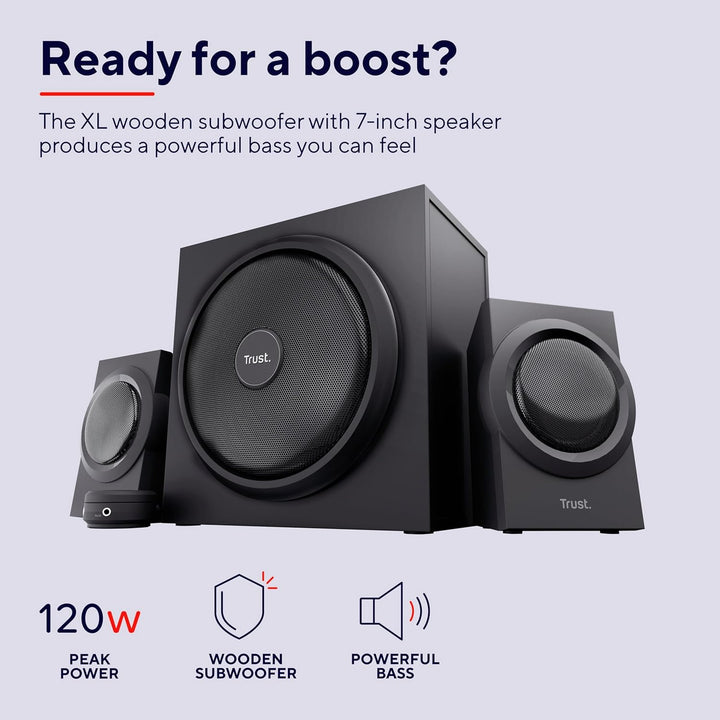 Trust Yuri 2.1 PC Lautsprecher mit Subwoofer, 120W Spitzenleistung, Subwoofer aus Holz mit einem Sta