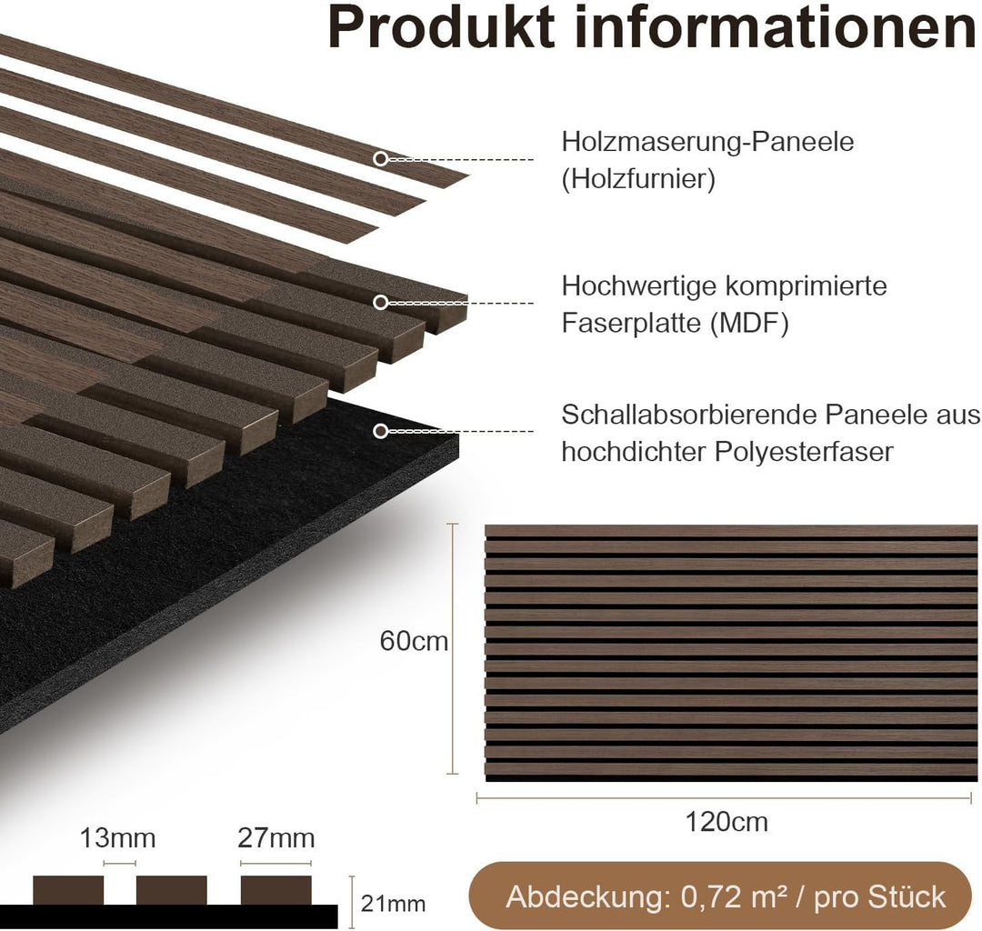 Akustikpaneele Selbstklebend Holz 2,88㎡ - 4 Stück 120x60cm,akustik paneele 3D Schalldämmung Echoredu