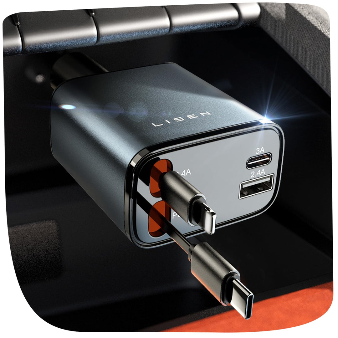 LISEN 69W Einziehbares Zigarettenanzünder USB C Schnellladegerät Ladegerät Auto Retractable ladekabe