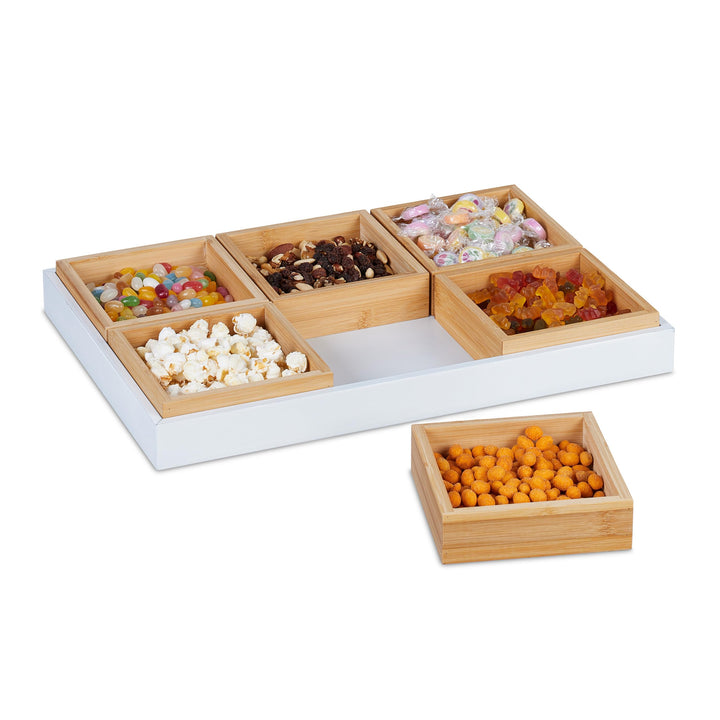 Relaxdays Snackschalen Set, mit Serviertablett, Bambus, 6 Schälchen, Chips, Nüsse & Süssigkeiten, Se