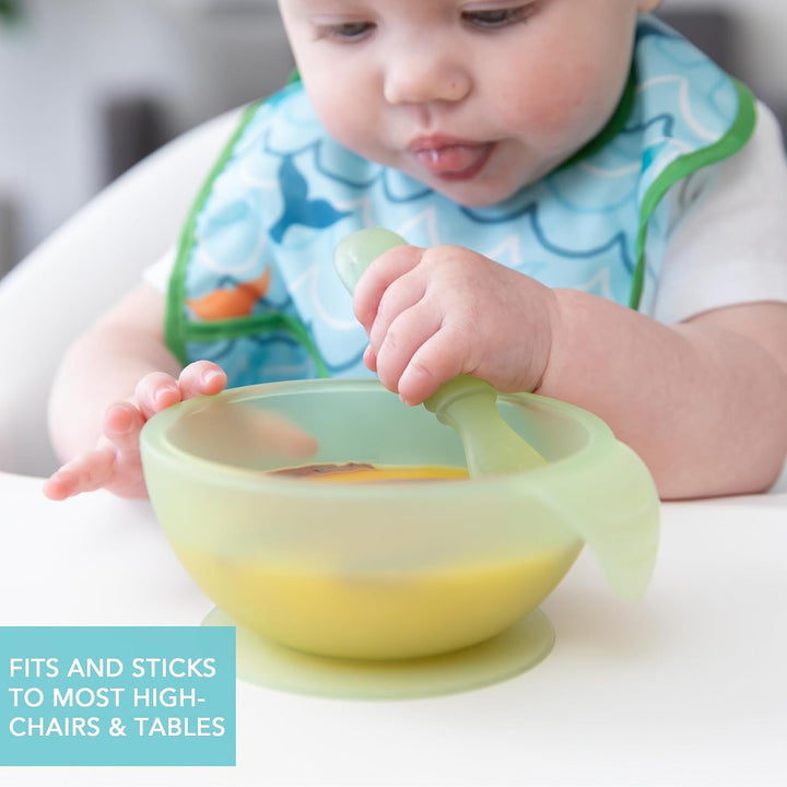 Bumkins - Erstes Baby Fütterungsset aus Silikon mit Saugnapf, Deckel und Löffel, Grün Jelly Green Je