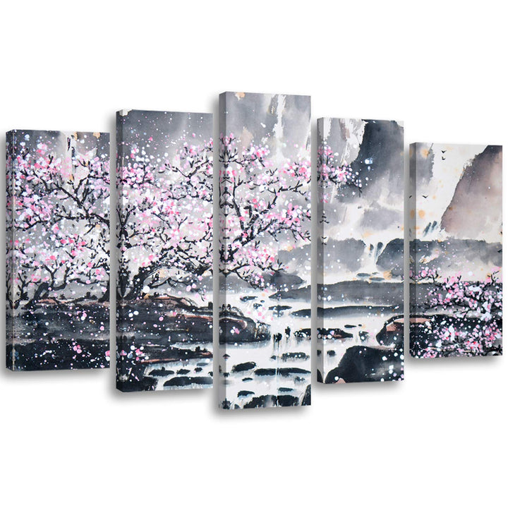 Feeby Frames, Leinwandbild Bilder Wand Bild - 5 Teile - Wandbilder Kunstdruck (KIRSCHBAUM, ROSA, GRA