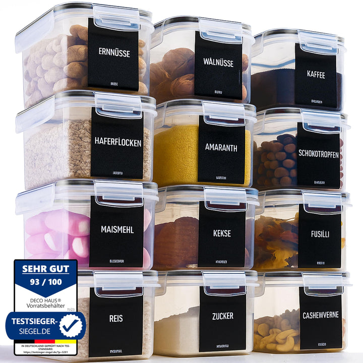 Deco haus® Vorratsdosen mit Deckel Luftdicht [inkl. VORRATSETIKETTEN] - 12er Vorratsbehälter Set - A