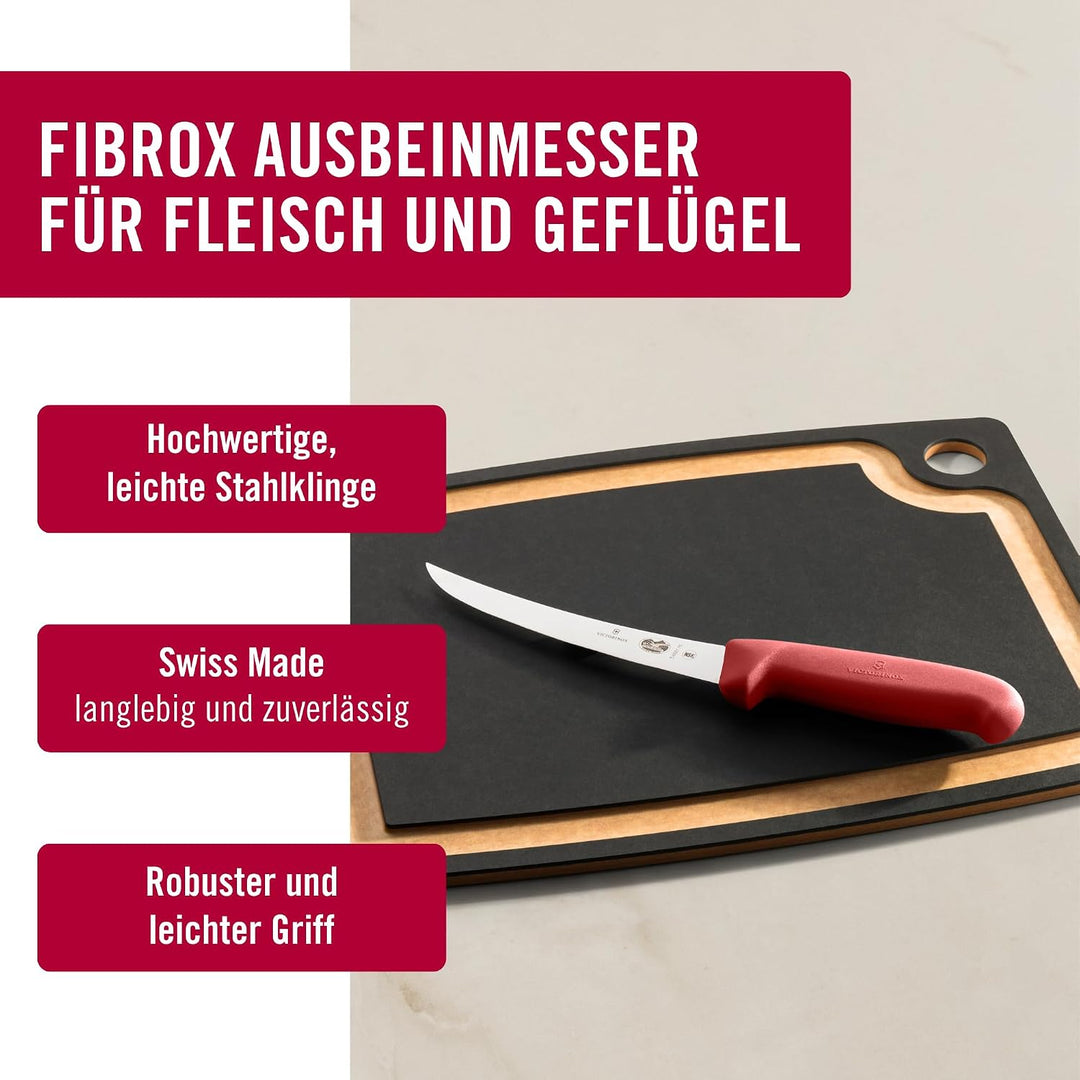 Victorinox Fibrox Ausbeinmesser, Scharfes Küchenmesser für Fleisch und Geflügel, 15 cm, Gebogene Kli