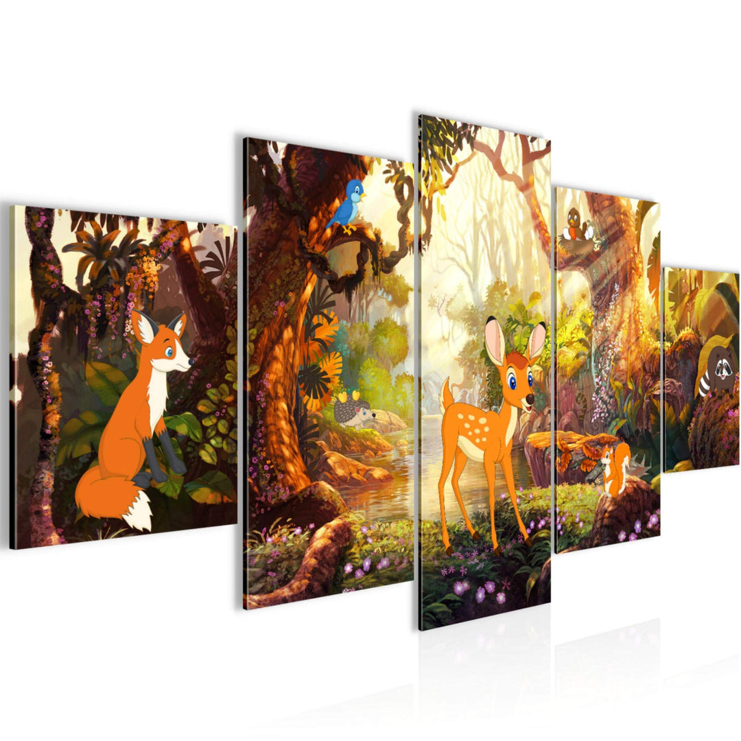 Runa Art Wandbilder Kinderzimmer Wald 5 Teilig Bild auf Vlies Leinwand Deko Babyzimmer Spielzimmer W