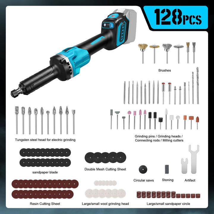 Akku Geradschleifer Kompatibel mit Makita 18V, Brushless Professional Stabschleifer mit 128PCS Zubeh