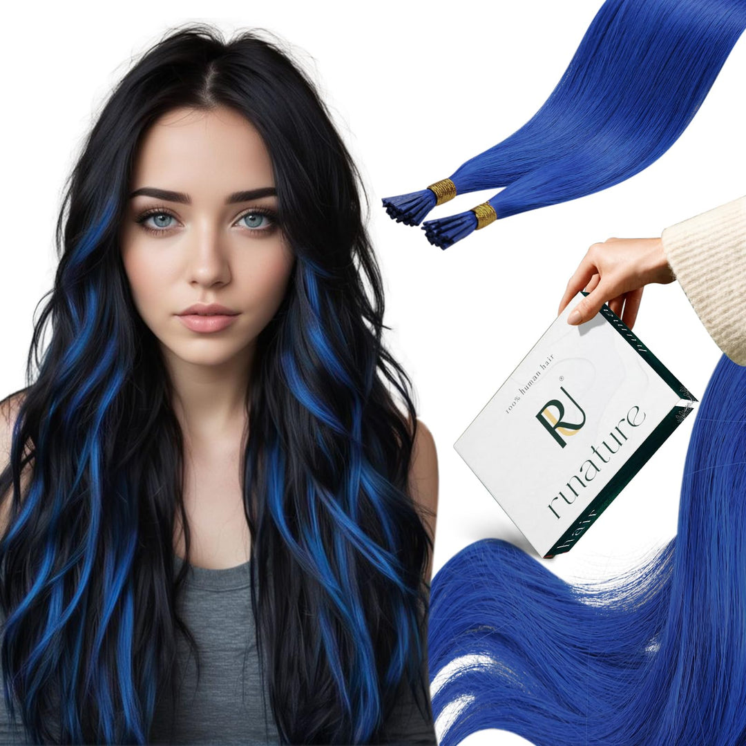 RUNATURE I Tip Extensions Echthaar Blau 45cm Pre Bonded Extension Echthaar Blau 25g 25 Strähne Haarv