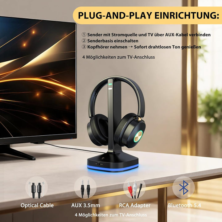 Funkkopfhörer für Fernseher, TV kopfhörer kabellos für Senioren mit Sender-Ladestation Plug-and-play
