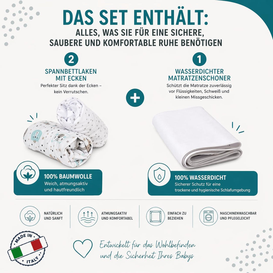 FlyIdeas Spannbettlaken 60x120 cm fur Babybett, 3 STK. - 100% Reine und Sanft Baumwolle - 2 Spannbet