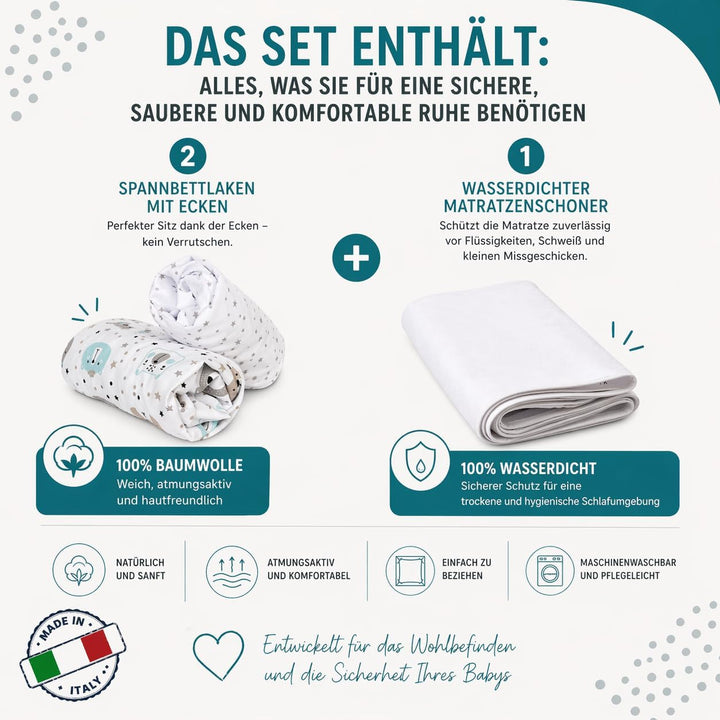 FlyIdeas Spannbettlaken 60x120 cm fur Babybett, 3 STK. - 100% Reine und Sanft Baumwolle - 2 Spannbet