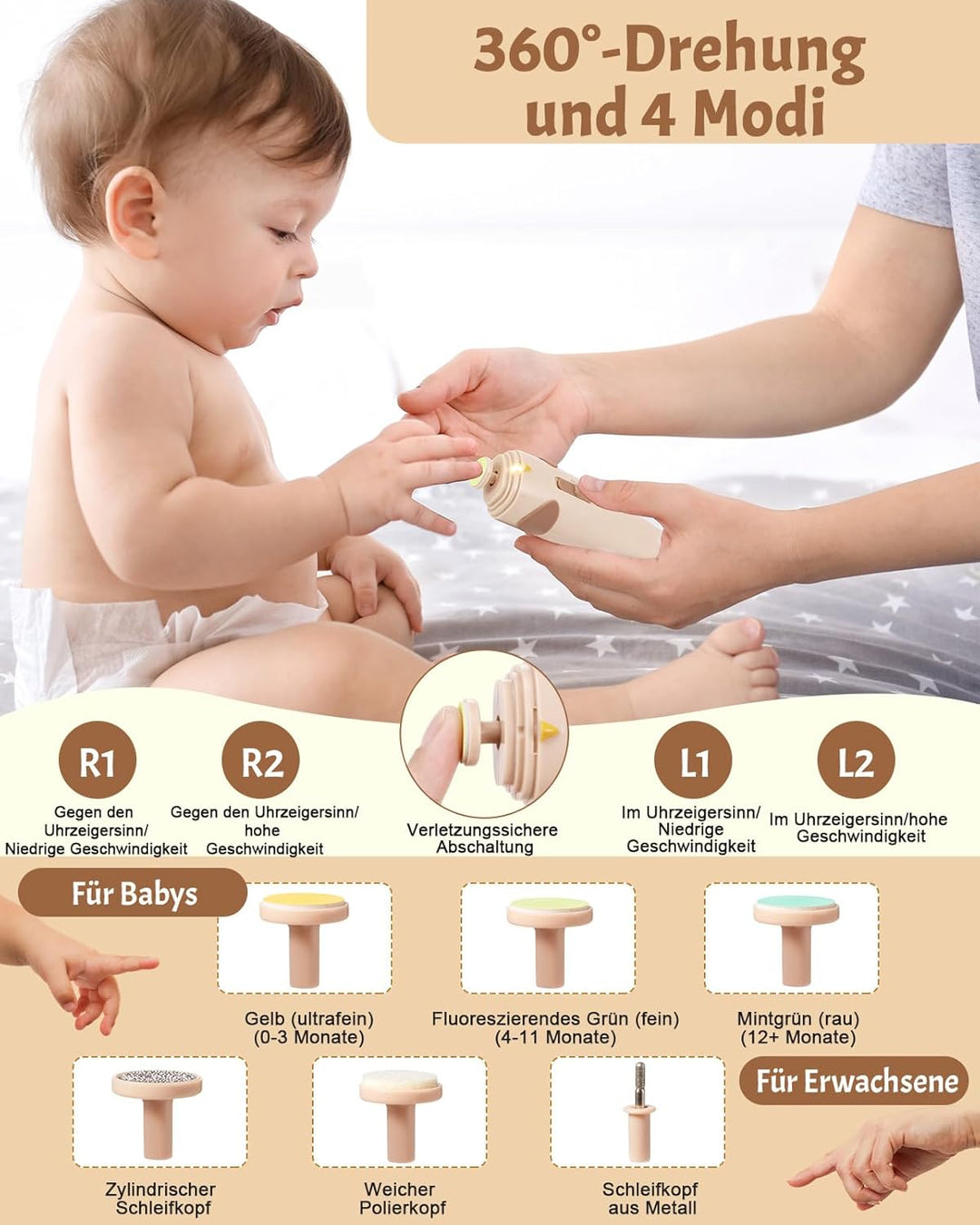 Lictin Baby Nagelfeile Elektrisch, Elektrische Nagelfeile mit 6 Schleifkopf, 26 in 1 Baby Nagelset m