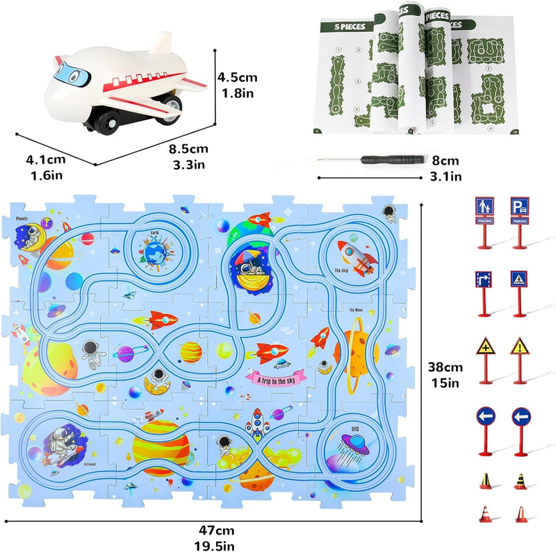 XAZASTOV Auto Spielzeug Autorennbahn mit Flugzeug Puzzle Spielzeugauto für Kinder DIY Puzzlebahn Kin