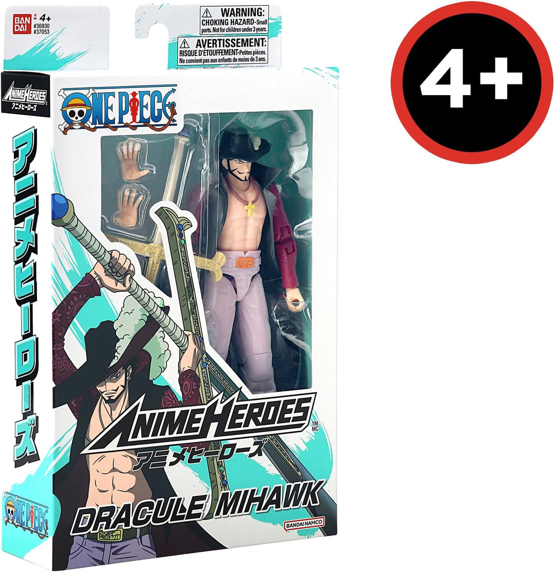 BANDAI – Anime Heroes – One Piece – Dracule Mihawk „Falkenauge“ 17 cm – Bewegliche Anime‑Figur Mihaw
