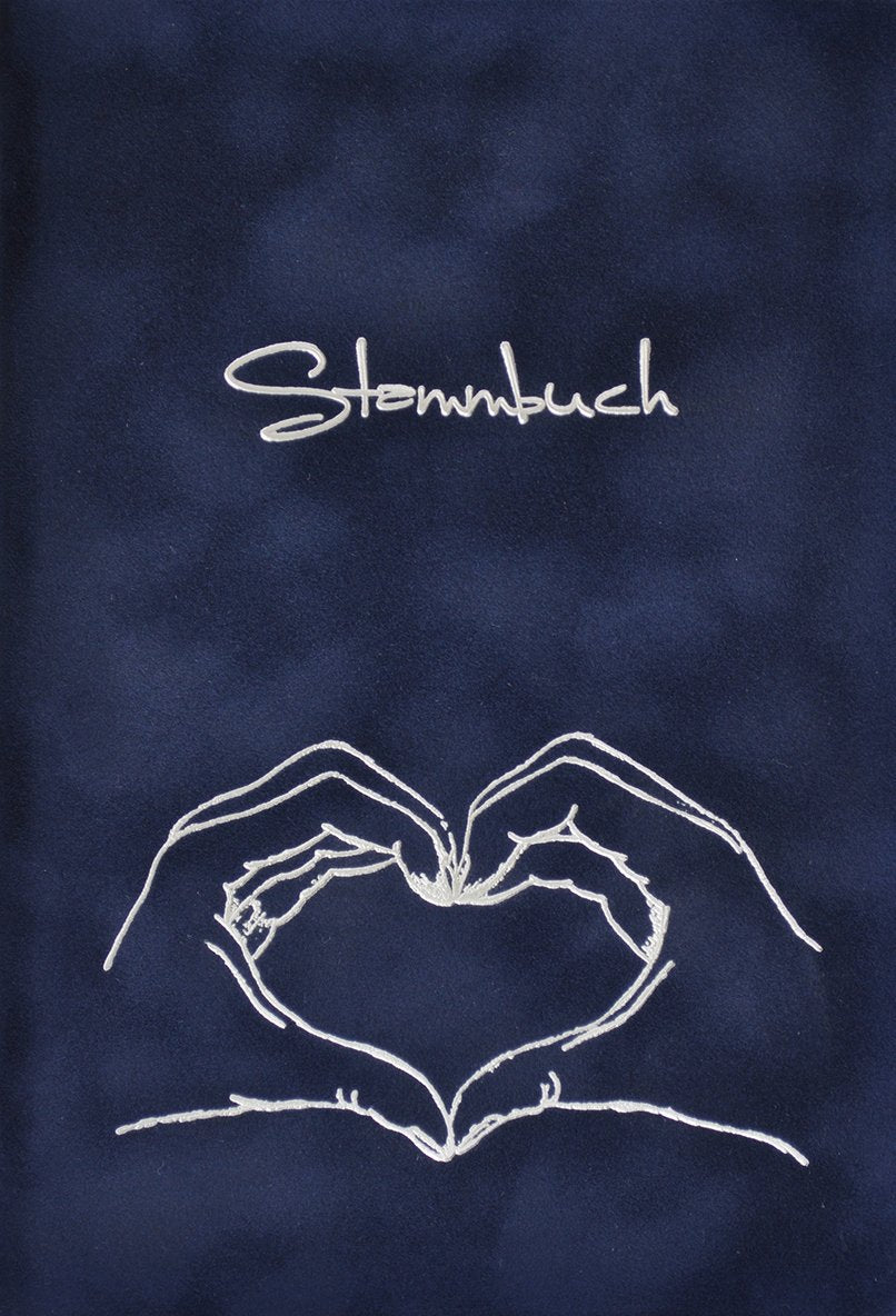 Stammbuch Herz mit Hand - dunkelblau, Velours, Silberprägung, Stammbuchformat, Familienstammbuch. In