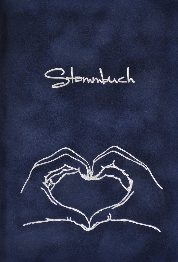 Stammbuch Herz mit Hand - dunkelblau, Velours, Silberprägung, Stammbuchformat, Familienstammbuch. In