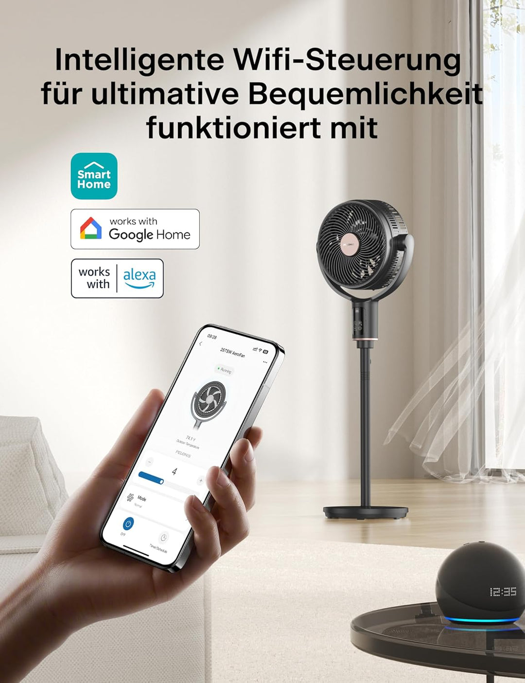 PELONIS 135° Oszillierender Smart Standing Fan, Leiser Bodenventilator mit DC Motor, Doppelflügel St