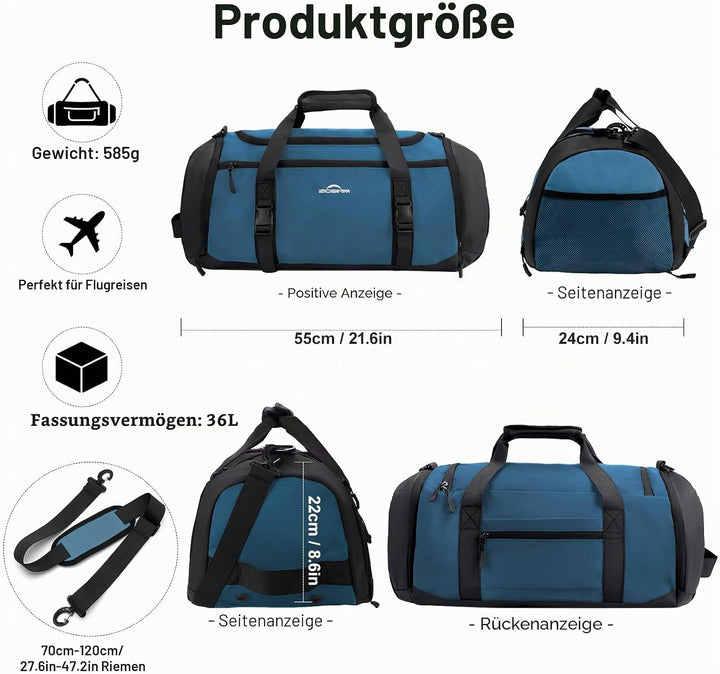 Sporttasche Herren + Rucksack-Funktion, 36L Reisetasche Damen, Sporttasche Damen mit Schuhfach, Nass