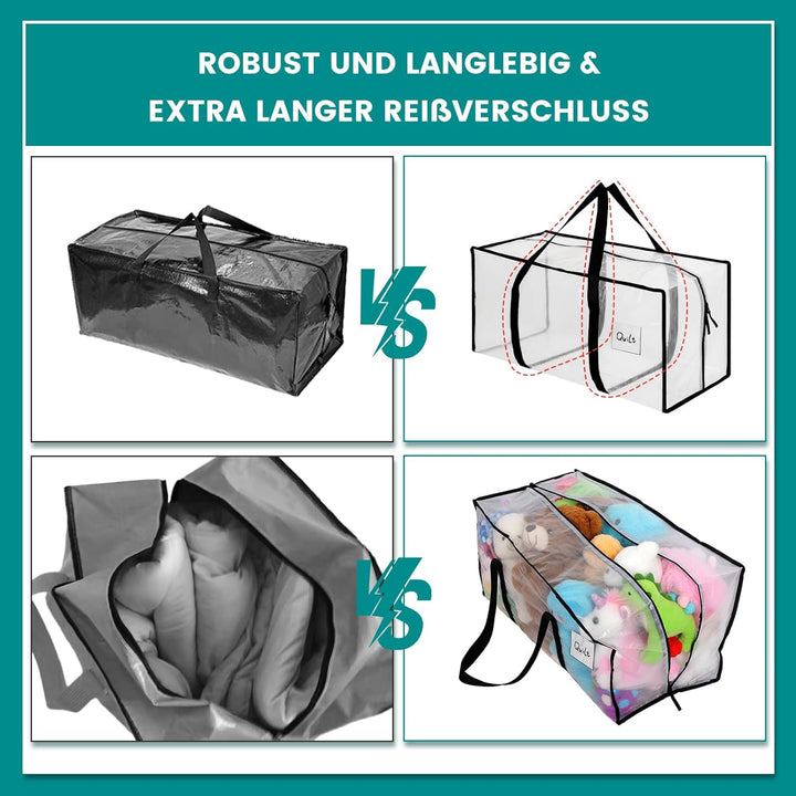 4 Stück 90L Aufbewahrungstasche, Heavy-Duty Weihnachtslager Transparente Umzugskartons Grosse mit Re