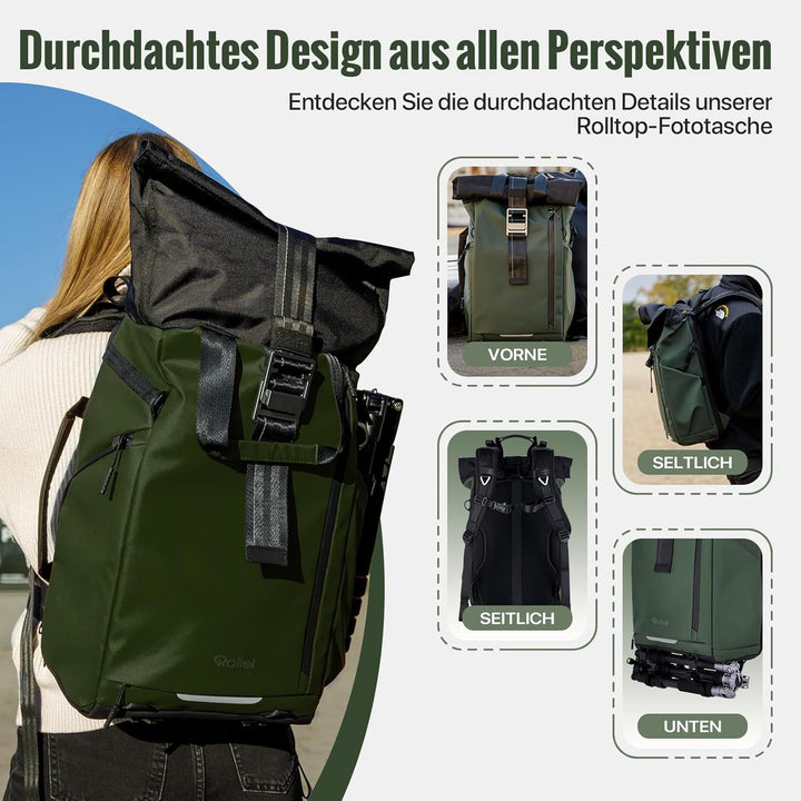 Rollei Fotoliner Ocean Rolltop Kamerarucksack Wasserdicht Fotorucksack Gross Kamera Rucksack mit Lap
