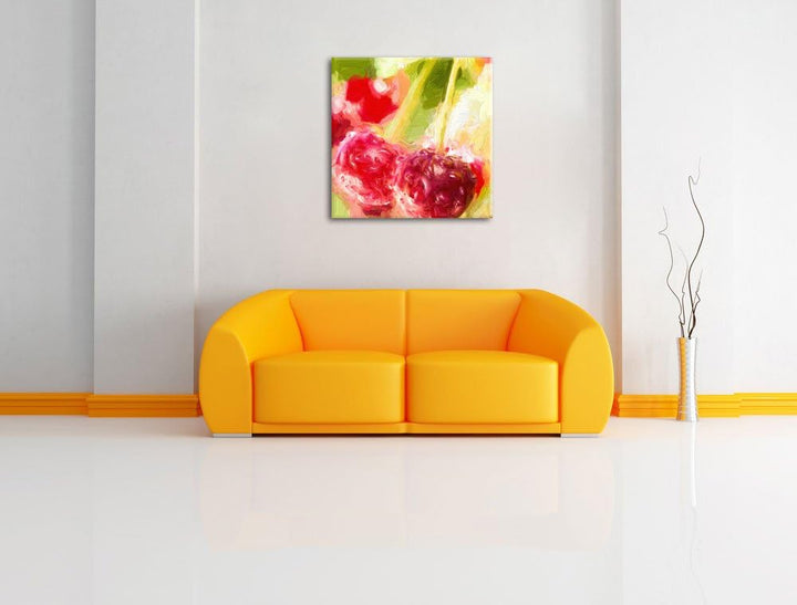 Pixxprint Frische Kirschen am Baum Pinsel Effekt, Format: 70x70 auf Leinwand, 70x70