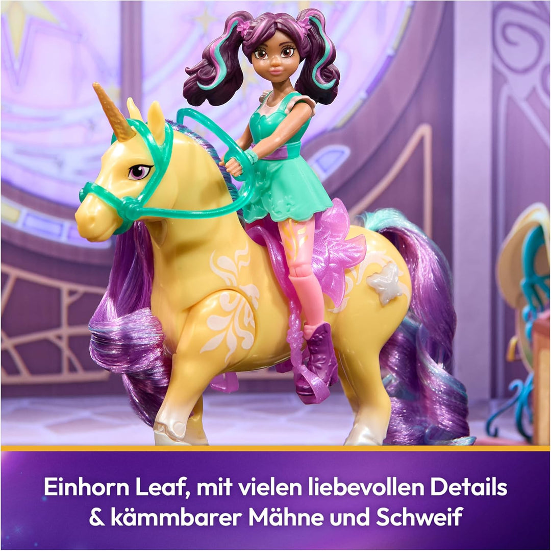 Unicorn Academy Set - Ava und Pflanzen-Magie Leaf mit echter Mähne und Schweif sowie magischer Leuch