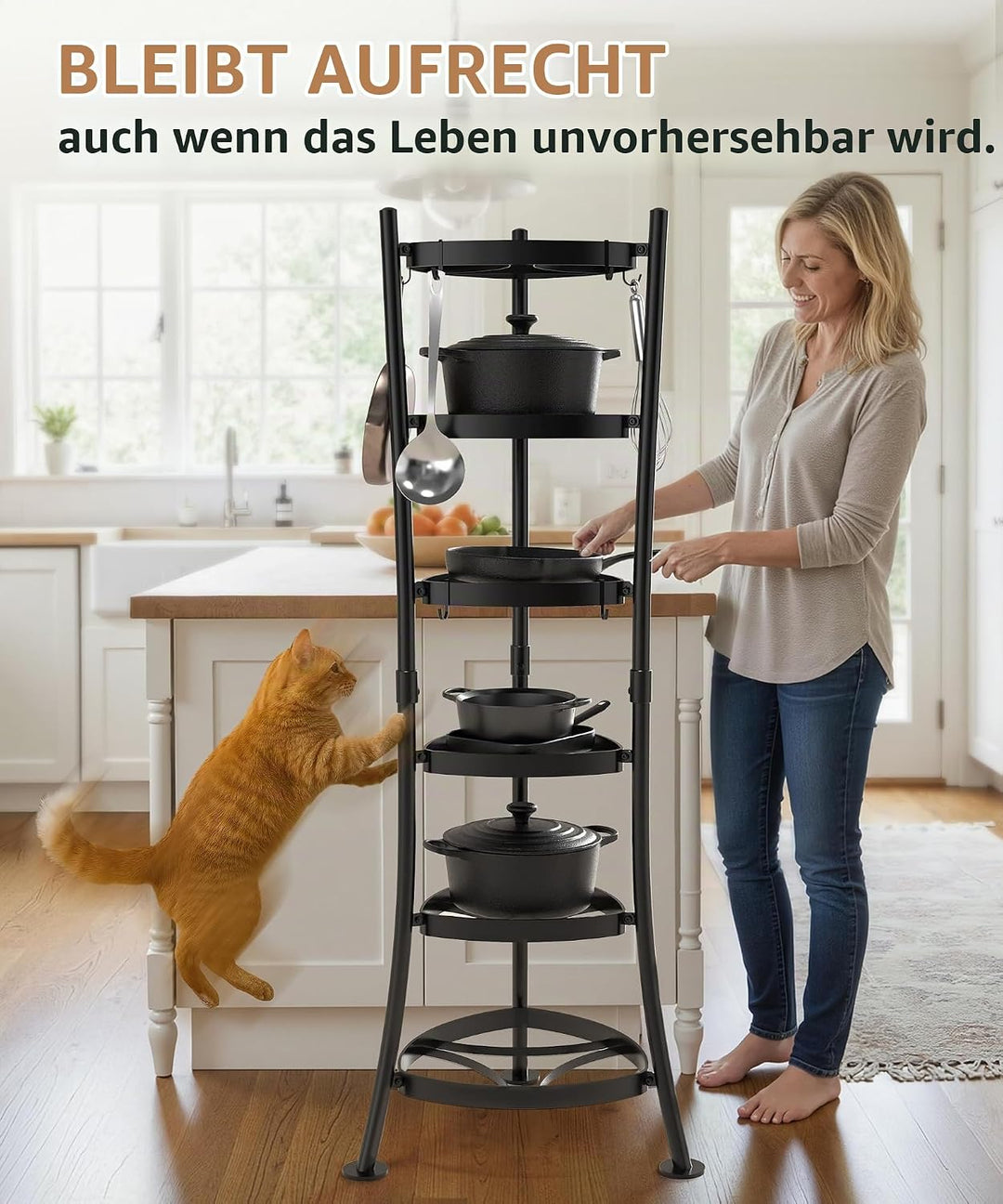 KES Freistehendes 6-Etagen Topf- und Pfannenregal aus Gusseisen, 120 kg Tragfähigkeit, mit 6 Haken,