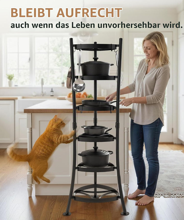 KES Freistehendes 6-Etagen Topf- und Pfannenregal aus Gusseisen, 120 kg Tragfähigkeit, mit 6 Haken,