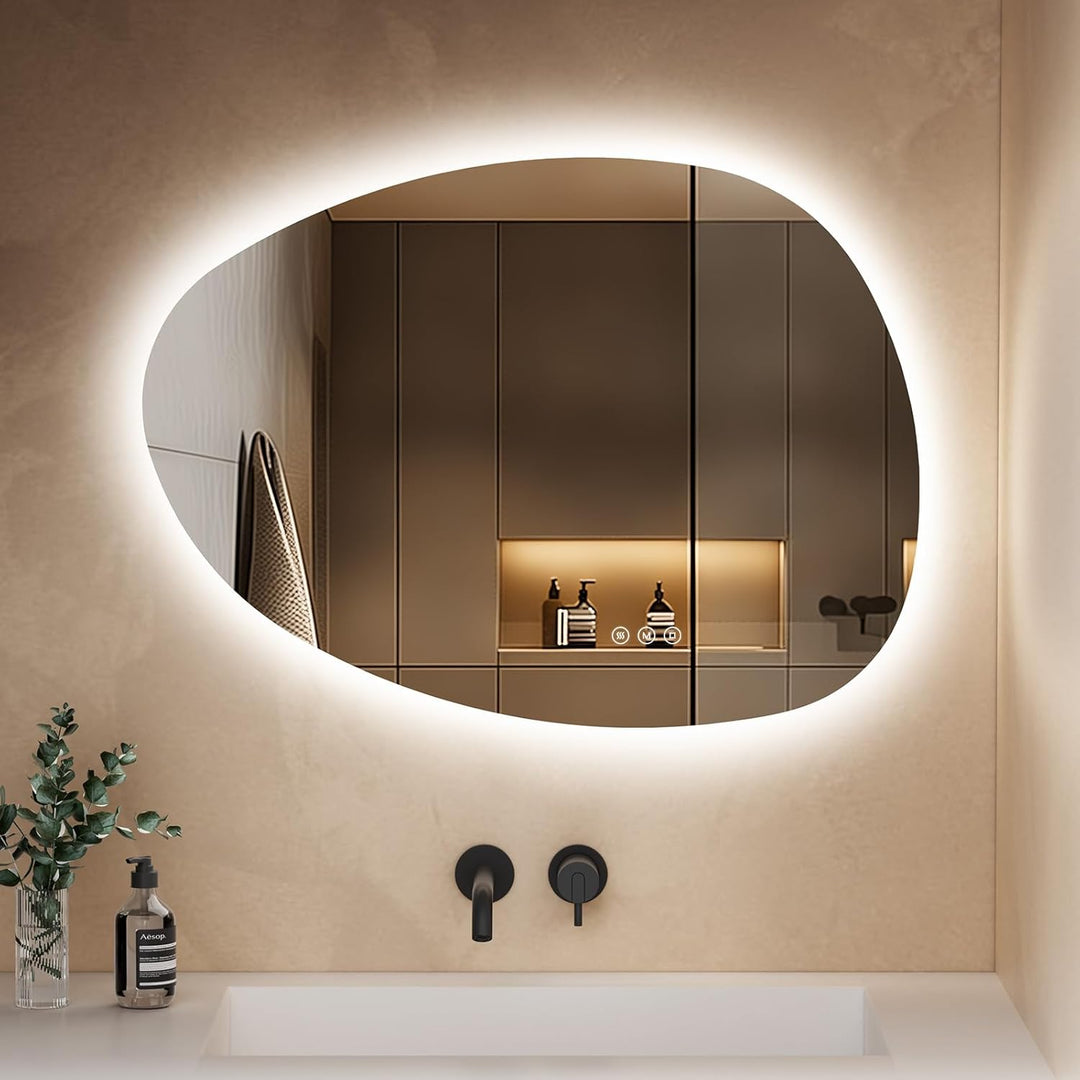 S'AFIELINA Spiegel mit Beleuchtung Asymmetrischer LED Badspiegel 75 × 55 × 2,5 cm (H × B × T) mit To
