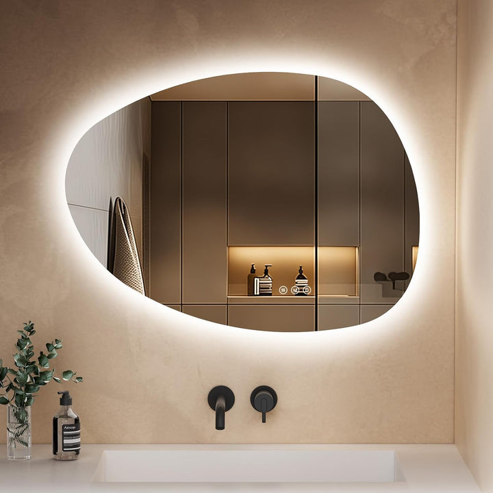 S'AFIELINA Spiegel mit Beleuchtung Asymmetrischer LED Badspiegel 75 × 55 × 2,5 cm (H × B × T) mit To