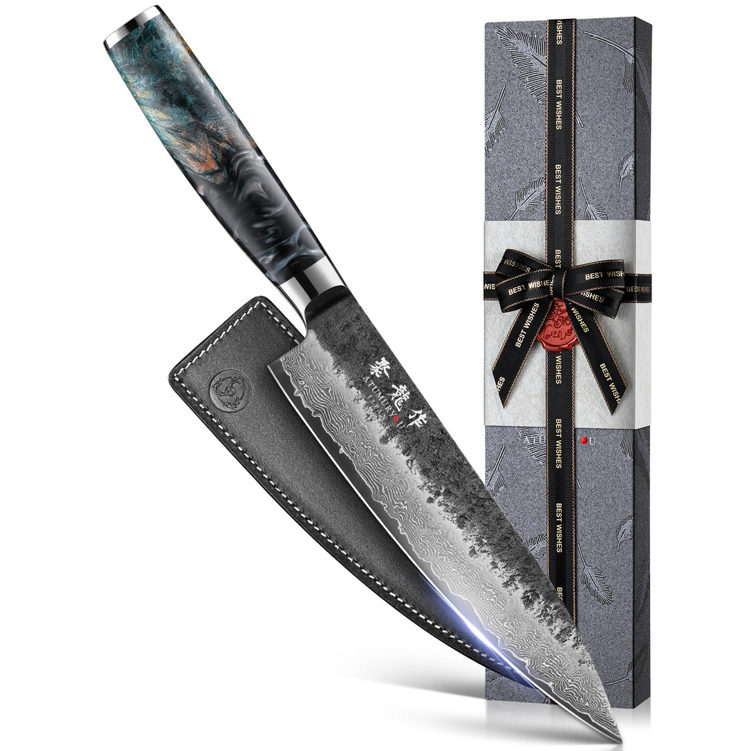 Japanisches Kochmesser, 20 cm Damaststahl mit VG10-Kern, schwarz geschmiedet, ergonomischer Griff, m