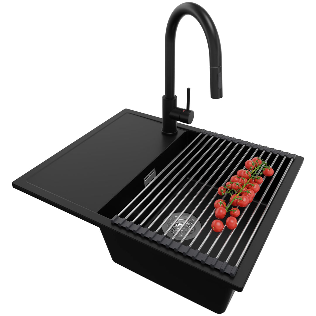 PRIMAGRAN Granitspüle Schwarz 62x50cm, Spülbecken 1 Becken + Küchenarmatur 40x20cm + Zuberhor-Set, K