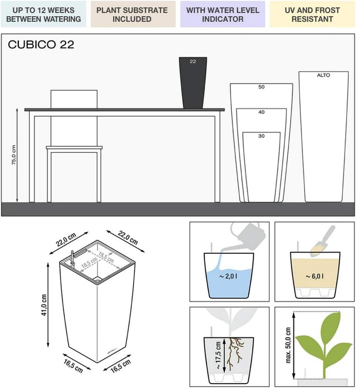 LECHUZA CUBICO Premium 22, Weiss Hochglanz, Hochwertiger Kunststoff, Inkl. Bewässerungssystem, Herau