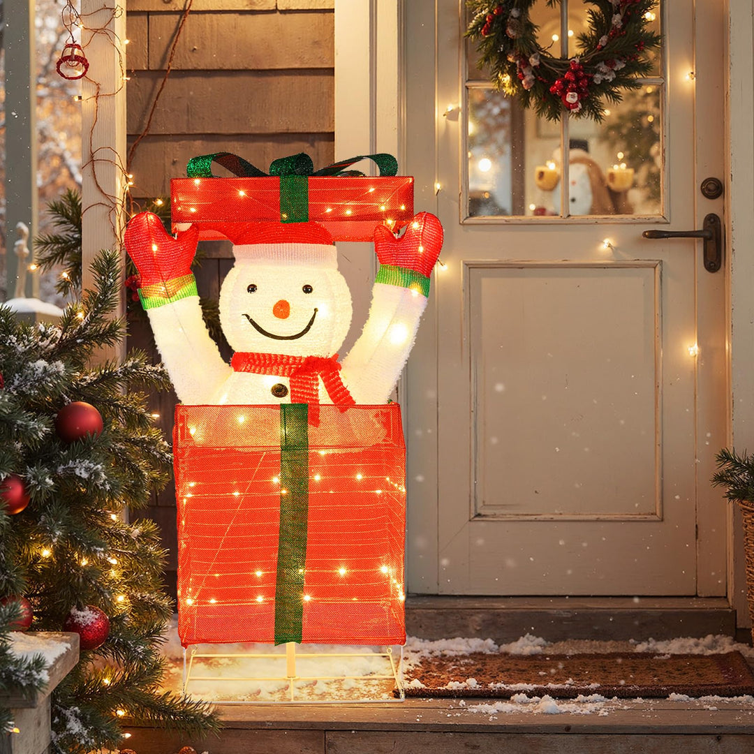 COSTWAY LED Schneemann in Geschenkbox, 115 cm beleuchtete Weihnachtsdeko mit 100 warmweissen LED-Lic