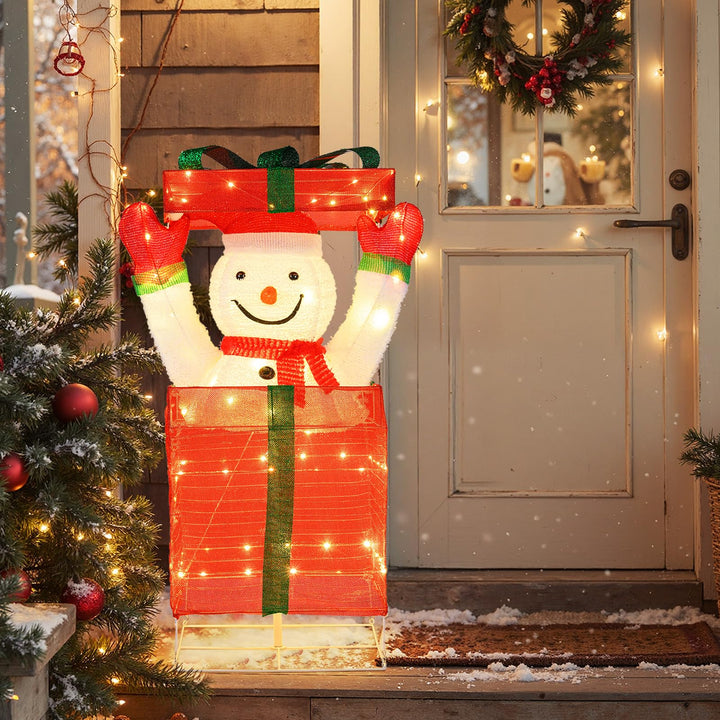 COSTWAY LED Schneemann in Geschenkbox, 115 cm beleuchtete Weihnachtsdeko mit 100 warmweissen LED-Lic