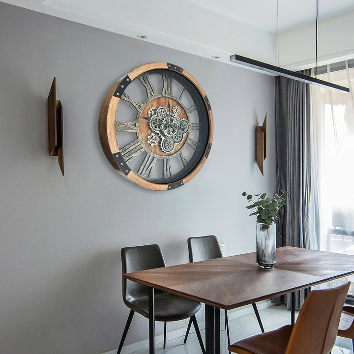 DORBOKER Wanduhr Gross mit Beweglichen Zahnrädern, Wanduhr Modern Ohne Tickgeräusche, Lautlos Holz K