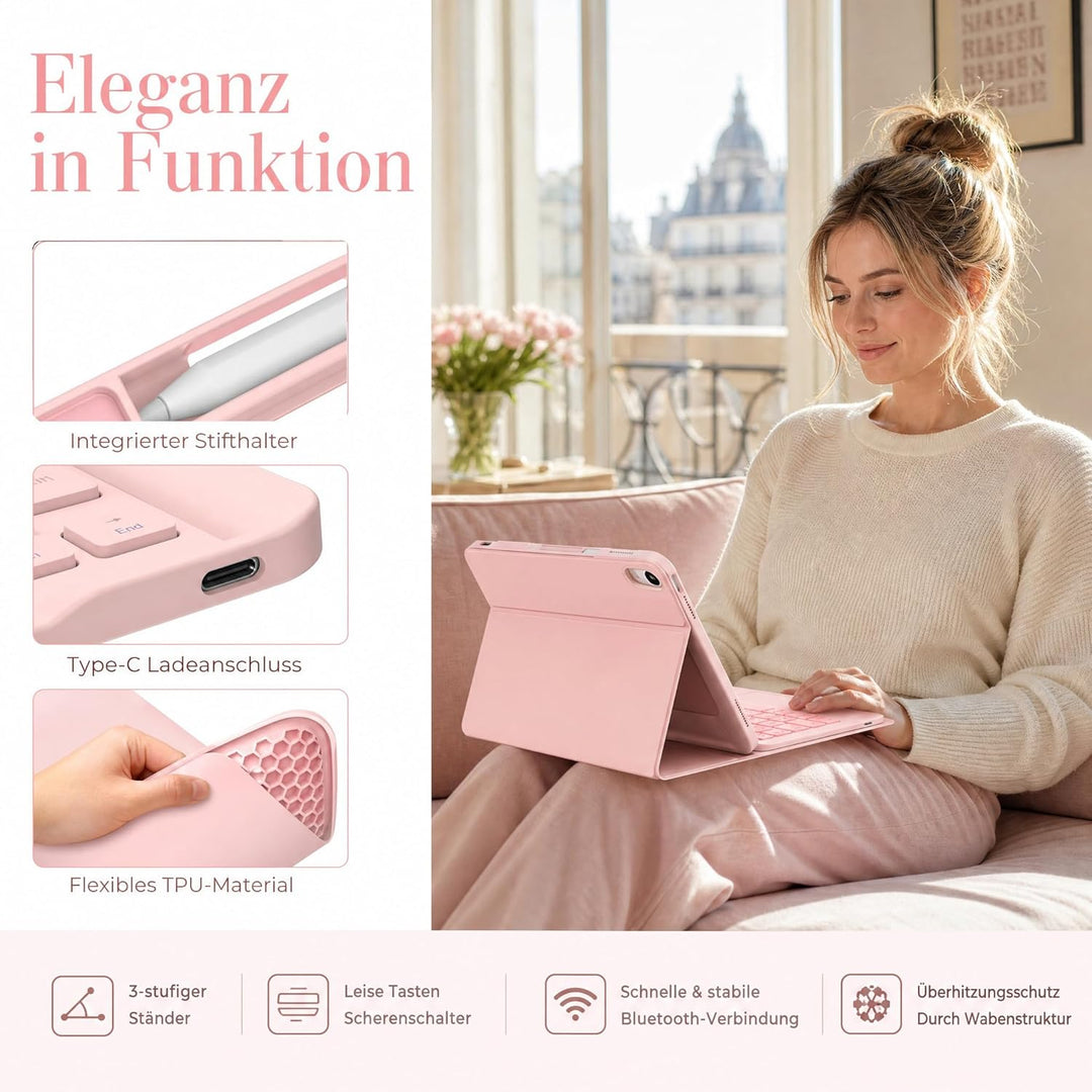 Hülle Tastatur für iPad (A16) 11./10. Generation (2025/2022), (11/10.9 Zoll) - QWERTZ, Beleuchtete,