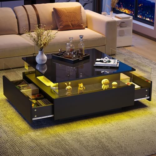 Merax Moderner Couchtisch mit LED-Beleuchtung, 70x70x41cm, Wohnzimmertisch & Beistelltisch Couch, 2
