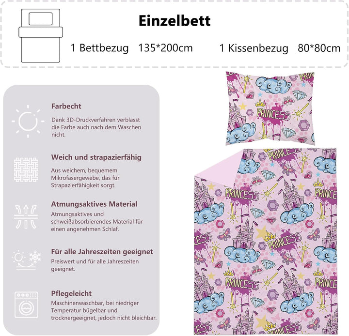 DJDEA Rosa Burg Bettwäsche 135 x 200 cm Kinder Weich Mikrofaser, Burg Motiv Bettwäsche-Sets mit Reis