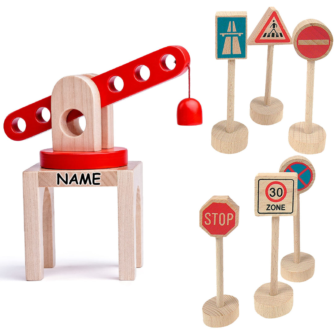 Set: Magnet - Kran + 6 Verkehrszeichen - inkl. Name - für Holz Eisenbahn - Kranset - passend für all