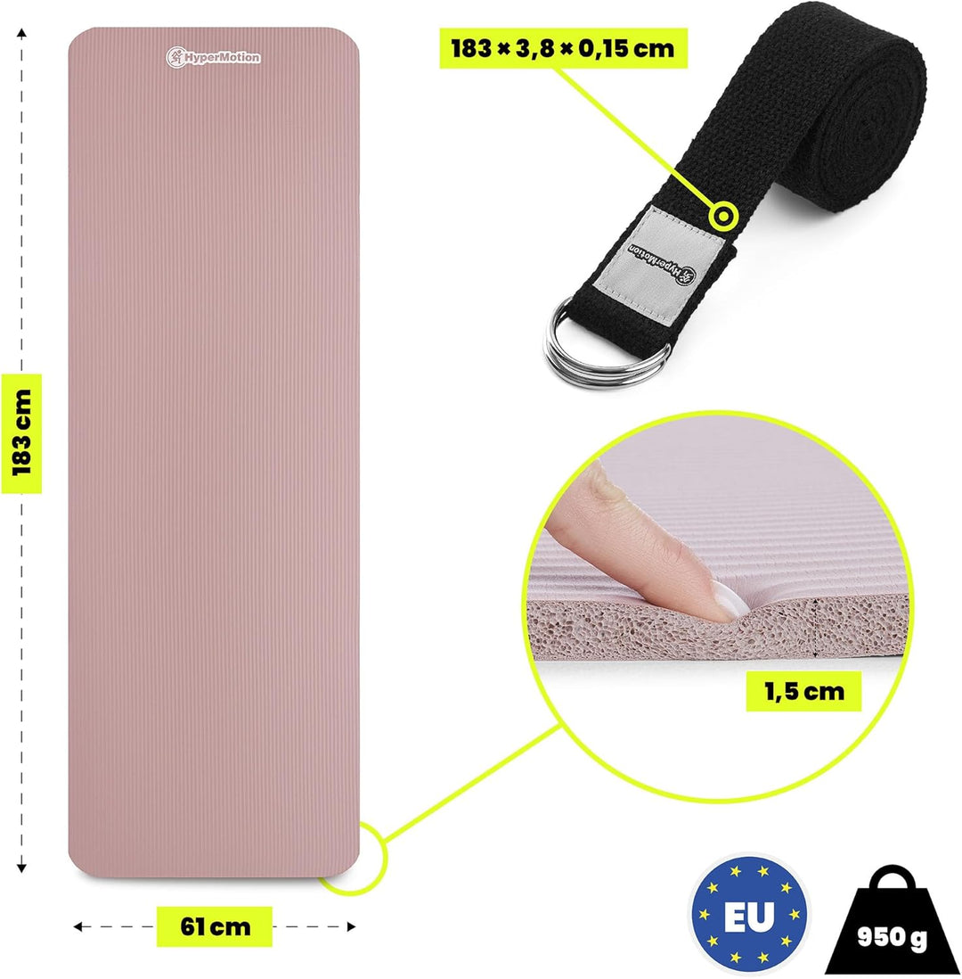 HyperMotion Yogamatte NBR 183x61x1,5 cm Altrosa, Extra Dick 15 mm, Rutschfest, mit Trage- und Stretc