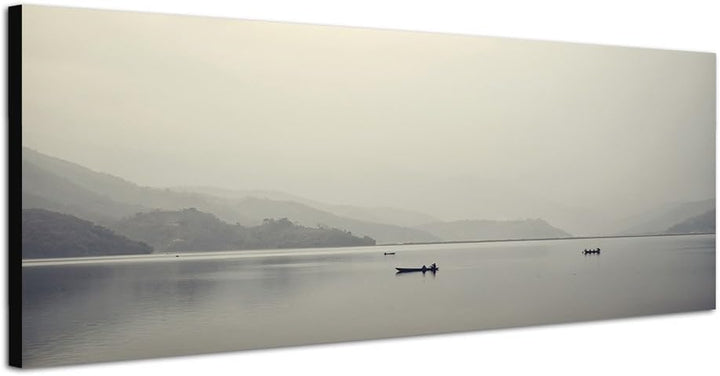 Paul Sinus Art Panoramabild auf Leinwand und Keilrahmen 120x40cm Meer Berge Fischerboote Morgengraue